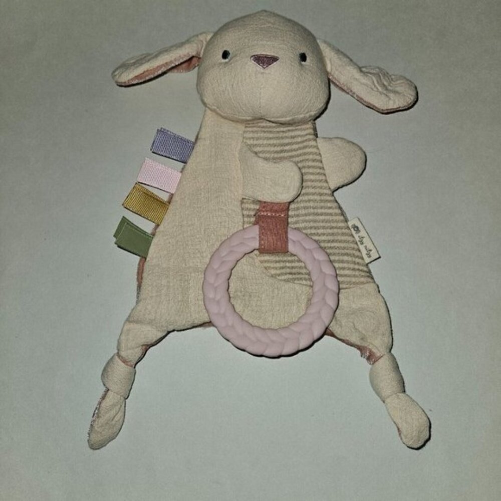 Itzy Ritzy Bunny Rabbit Crinkle Plush Teether Baby Toy Lovey Rattle Tag Tan Pink